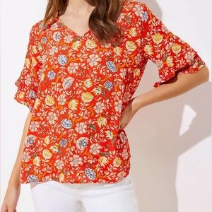 Loft Red Floral Flutter Sleeve Blouse, Size Large
